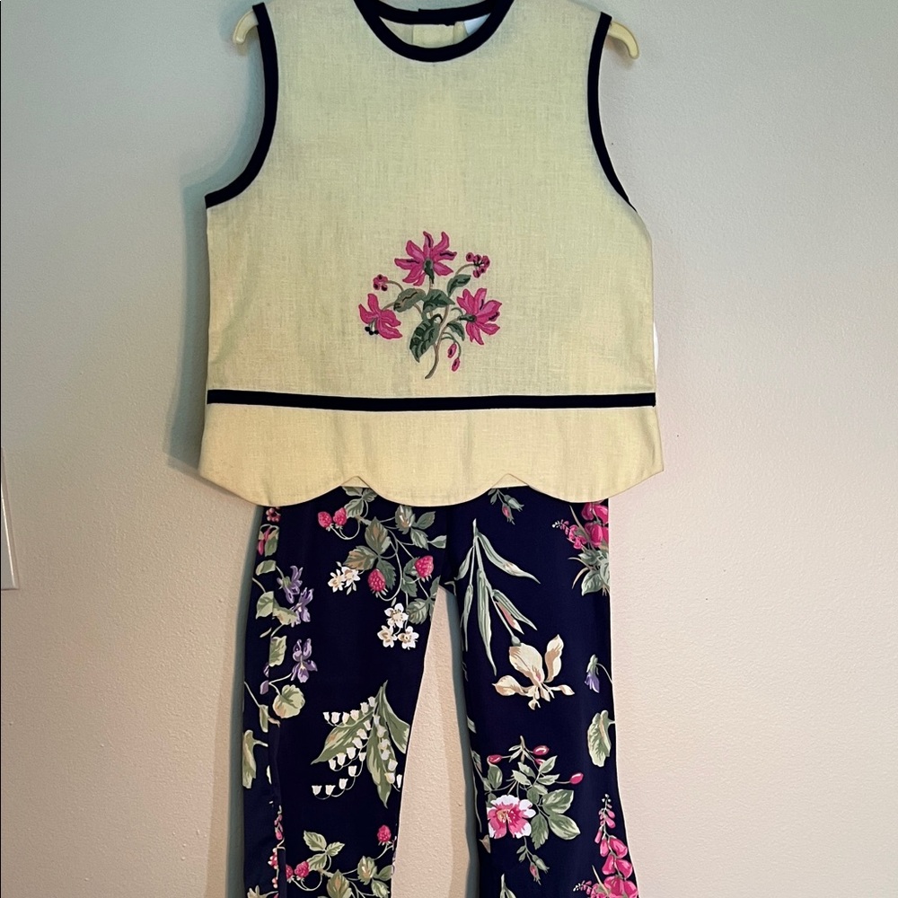Vintage Kids Hartstrings Navy Floral Two-Piece Cream Top and floral appliqué